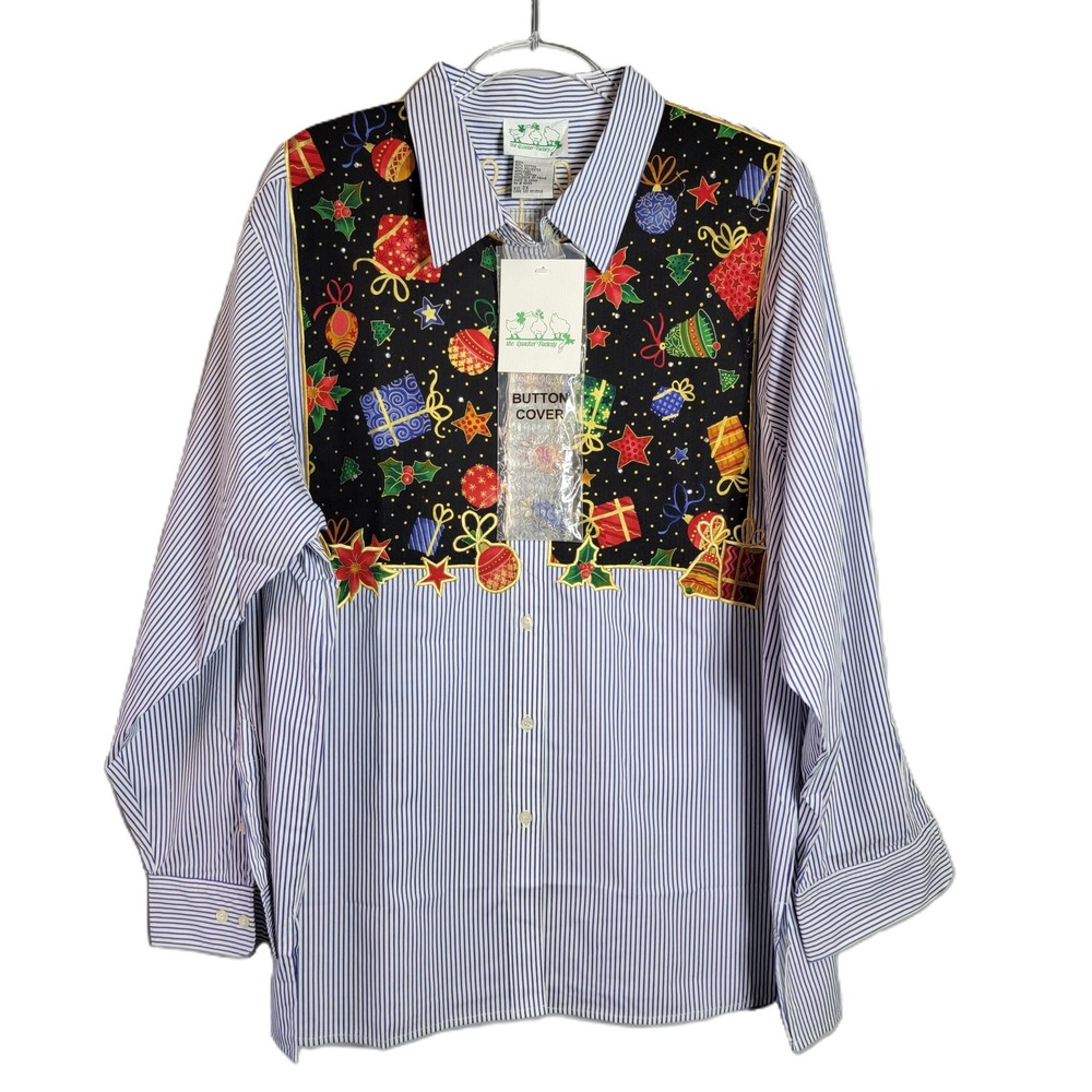The Quaker Factory Womens‎ 2X Christmas Button Cover Shirt Blue Stripe NWT